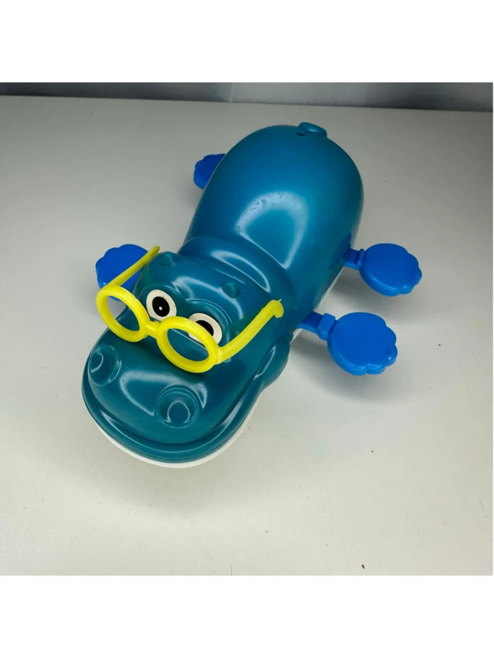 Vintage Baby Masudaya 1976 Blue Hippo Learning Bath Toy w Yellow Glasses Works